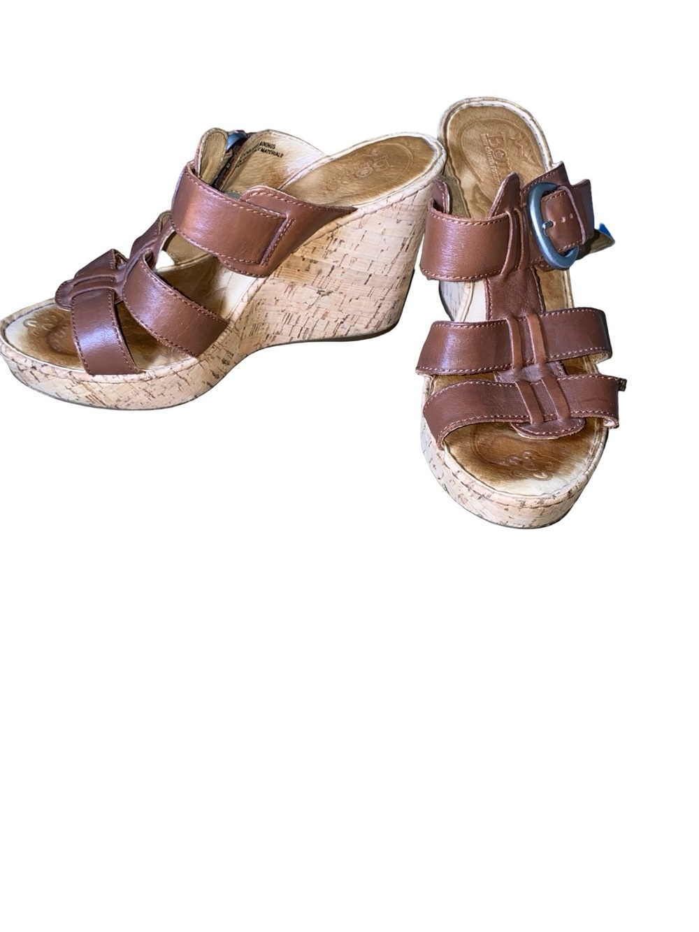 Børn Brown‎ Leather Multi-Strap Cork Wedge Sandal Slides Mule Buckle Accent